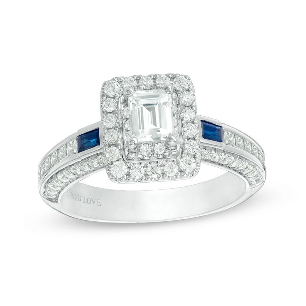 Vera Wang Love Collection 1.20 CT. T.W. Emerald-Cut Diamond and Blue Sapphire Engagement Ring in 14K White Gold|Peoples Jewellers