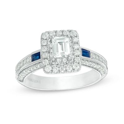 Vera Wang Love Collection 1.20 CT. T.W. Emerald-Cut Diamond and Blue Sapphire Engagement Ring in 14K White Gold|Peoples Jewellers