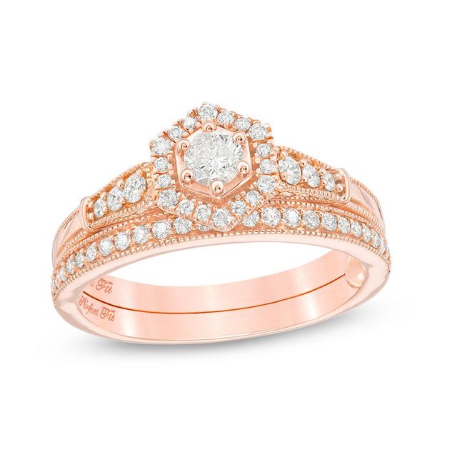 Perfect Fit 0.45 CT. T.W. Diamond Hexagon Frame Vintage-Style Interlocking Bridal Set in 10K Rose Gold|Peoples Jewellers