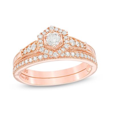 Perfect Fit 0.45 CT. T.W. Diamond Hexagon Frame Vintage-Style Interlocking Bridal Set in 10K Rose Gold|Peoples Jewellers