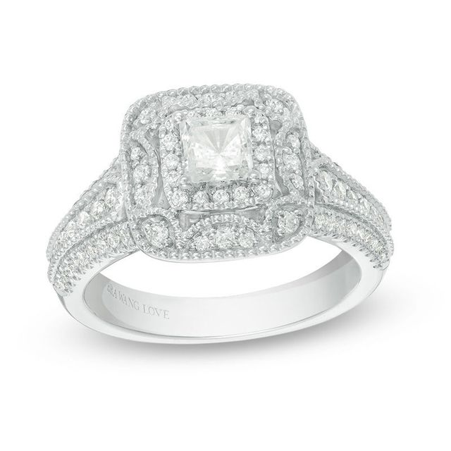 Vera Wang Love Collection 0.95 CT. T.W. Princess-Cut Diamond Frame Vintage-Style Engagement Ring in 14K White Gold