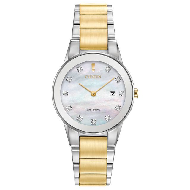 Ladies' Exclusive Citizen Eco-Drive® Axiom Diamond Accent Two-Tone Watch with Mother-of-Pearl Dial (Model: GA1059-56D)