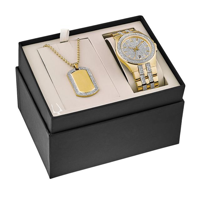 Men's Exclusive Bulova Crystal Accent Gold-Tone PVD Watch and Dog Tag Pendant Box Set (Model: 98K102)|Peoples Jewellers