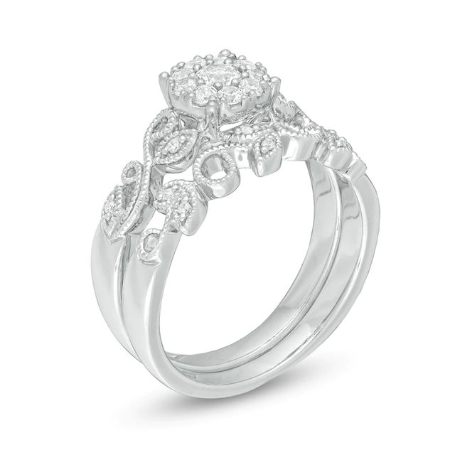 Perfect Fit 0.30 CT. T.W. Diamond Frame Vine-Shank Vintage-Style Interlocking Bridal Set in 10K White Gold|Peoples Jewellers