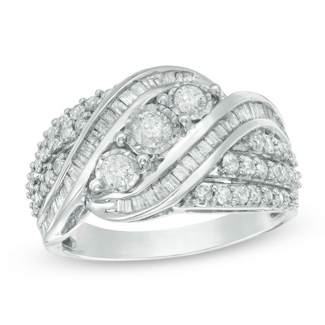 1.00 CT. T.W. Baguette and Round Diamond Three Stone Multi-Row Bypass Ring in Sterling Silver|Peoples Jewellers