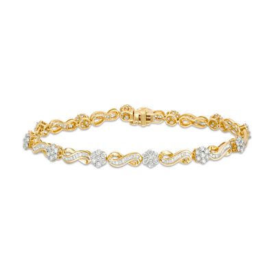 3.00 CT. T.W. Baguette and Round Diamond Alternating Flower and Infinity Bracelet in 10K Gold - 7.5"|Peoples Jewellers
