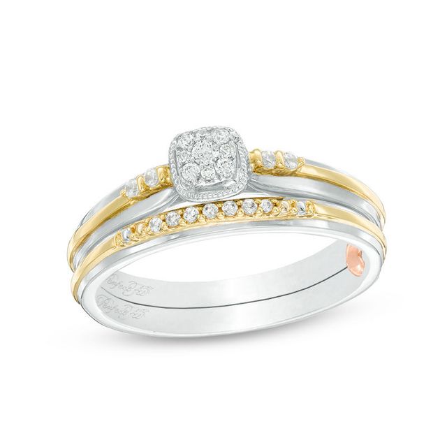 0.12 CT. T.W. Composite Diamond Cushion Frame Interlocking Bridal Set in 10K Two-Tone Gold