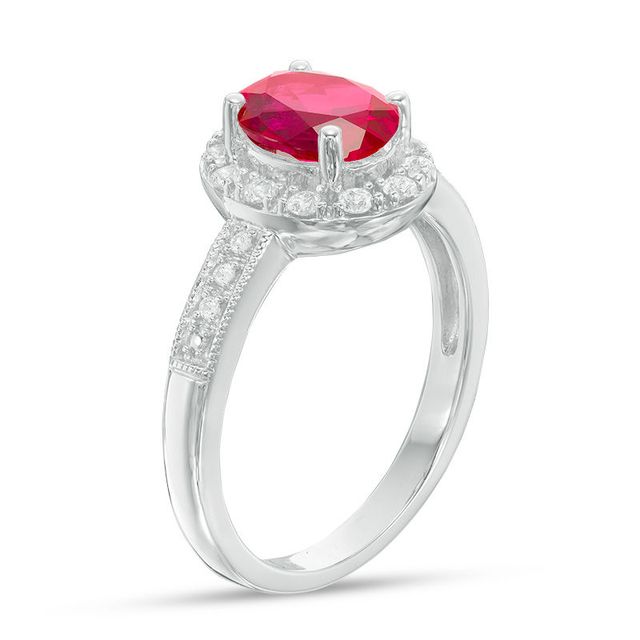 Oval Lab-Created Ruby and White Sapphire Frame Vintage-Style Ring in Sterling Silver|Peoples Jewellers