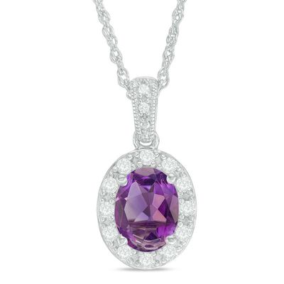 Oval Amethyst and Lab-Created White Sapphire Frame Vintage-Style Pendant in Sterling Silver|Peoples Jewellers