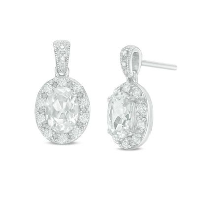 Oval Lab-Created White Sapphire Frame Vintage-Style Drop Earrings in Sterling Silver|Peoples Jewellers