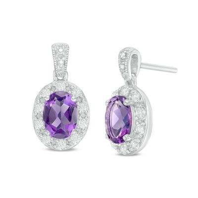 Oval Amethyst and Lab-Created White Sapphire Frame Vintage-Style Drop Earrings in Sterling Silver|Peoples Jewellers