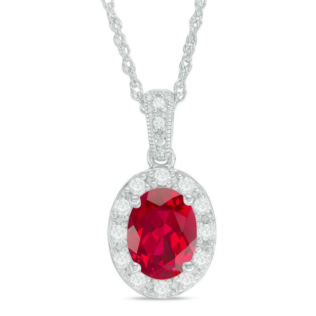 Oval Lab-Created Ruby and White Sapphire Frame Vintage-Style Pendant in Sterling Silver|Peoples Jewellers