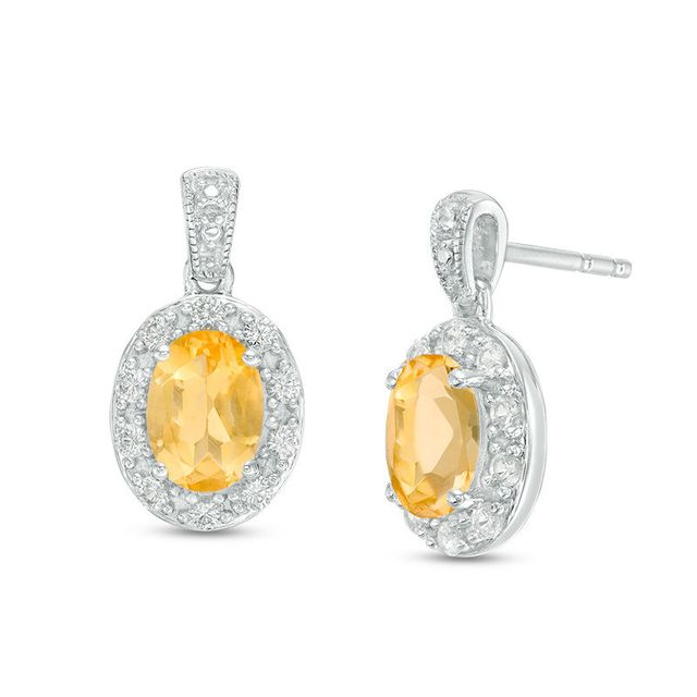 Oval Citrine and Lab-Created White Sapphire Frame Vintage-Style Drop Earrings in Sterling Silver|Peoples Jewellers