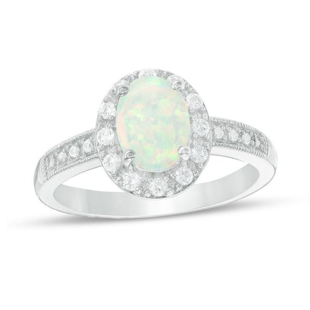 Oval Lab-Created Opal and White Sapphire Frame Vintage-Style Ring in Sterling Silver|Peoples Jewellers