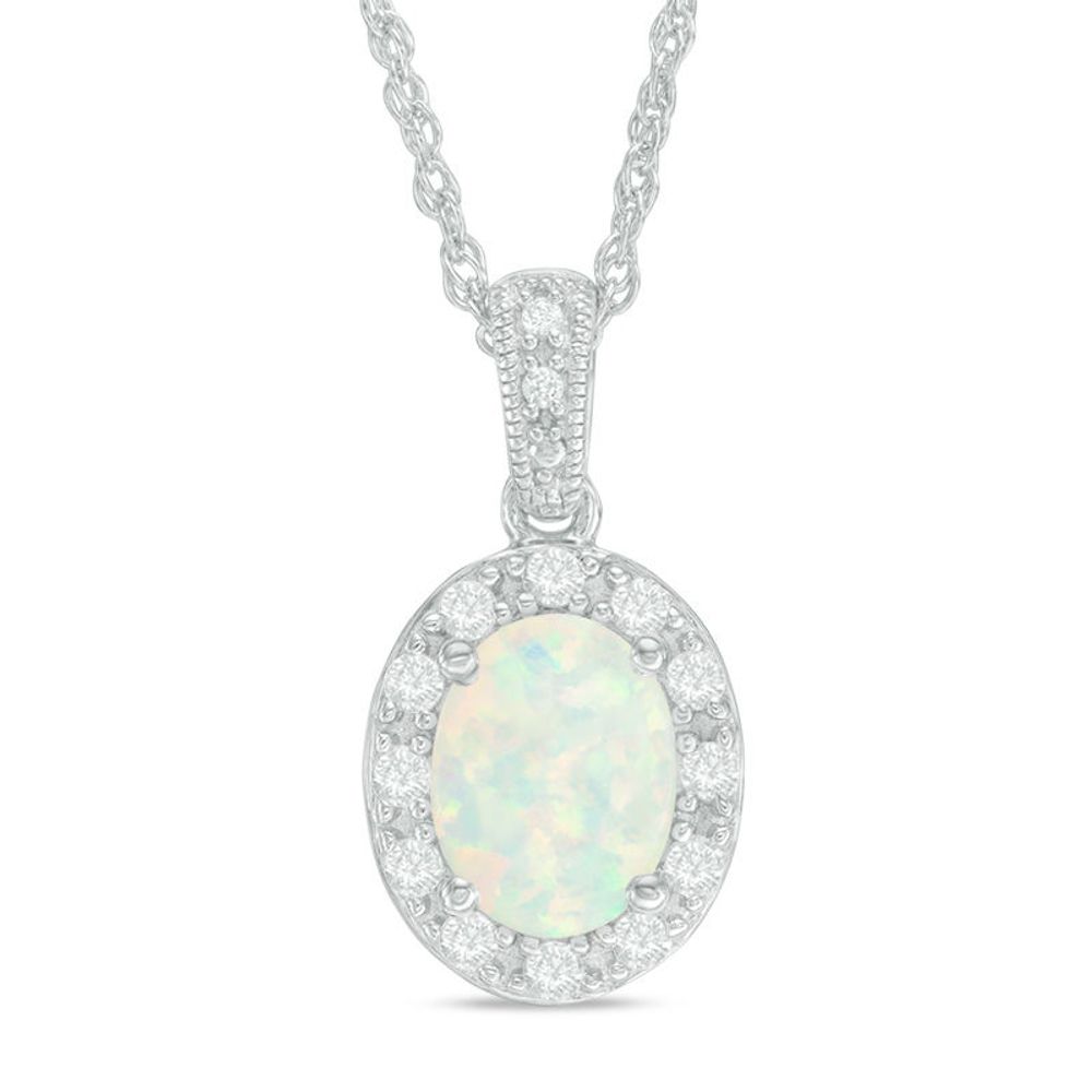 Oval Lab-Created Opal and White Sapphire Frame Vintage-Style Pendant in Sterling Silver|Peoples Jewellers