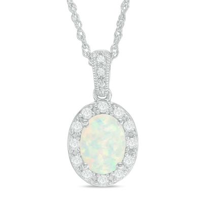 Oval Lab-Created Opal and White Sapphire Frame Vintage-Style Pendant in Sterling Silver|Peoples Jewellers