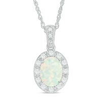 Oval Lab-Created Opal and White Sapphire Frame Vintage-Style Pendant in Sterling Silver|Peoples Jewellers