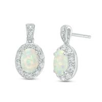 Oval Lab-Created Opal and White Sapphire Frame Vintage-Style Drop Earrings in Sterling Silver|Peoples Jewellers