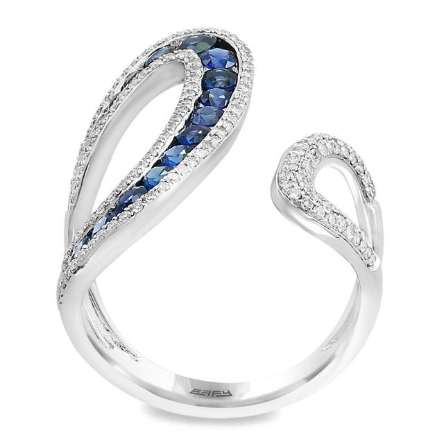 EFFY™ Collection Blue Sapphire and 0.42 CT. T.W. Diamond Open Shank Wrap Ring in 14K White Gold