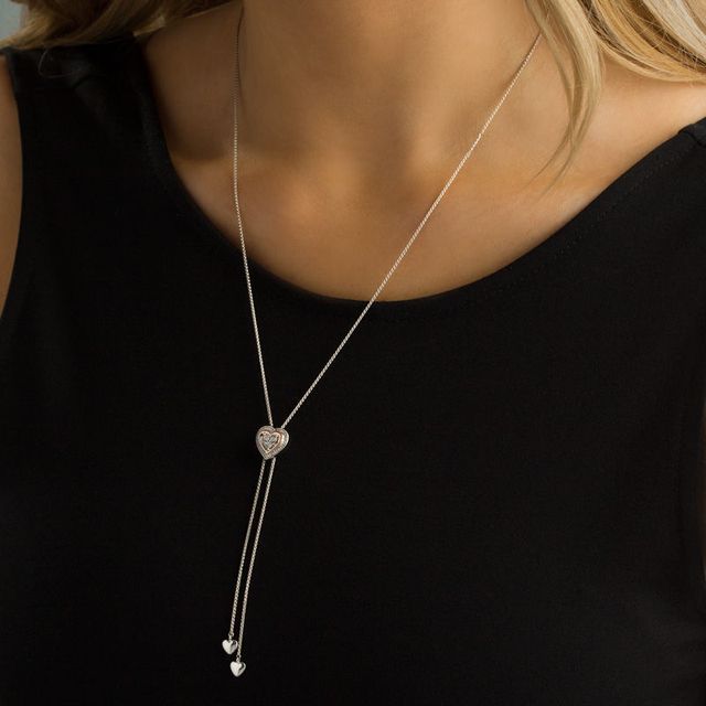 0.07 CT. T.W. Diamond Heart Frame Lariat-Style Bolo Necklace in Sterling Silver and 10K Rose Gold - 26"|Peoples Jewellers