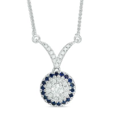 Vera Wang Love Collection 0.18 CT. T.W. Diamond and Blue Sapphire Frame Chevron Necklace in 14K White Gold - 19"|Peoples Jewellers