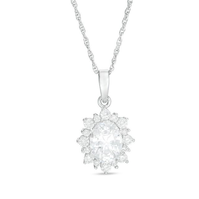 Oval Lab-Created White Sapphire Starburst Frame Pendant in Sterling Silver|Peoples Jewellers