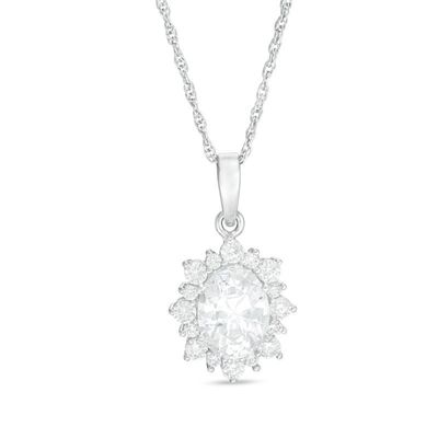 Oval Lab-Created White Sapphire Starburst Frame Pendant in Sterling Silver|Peoples Jewellers