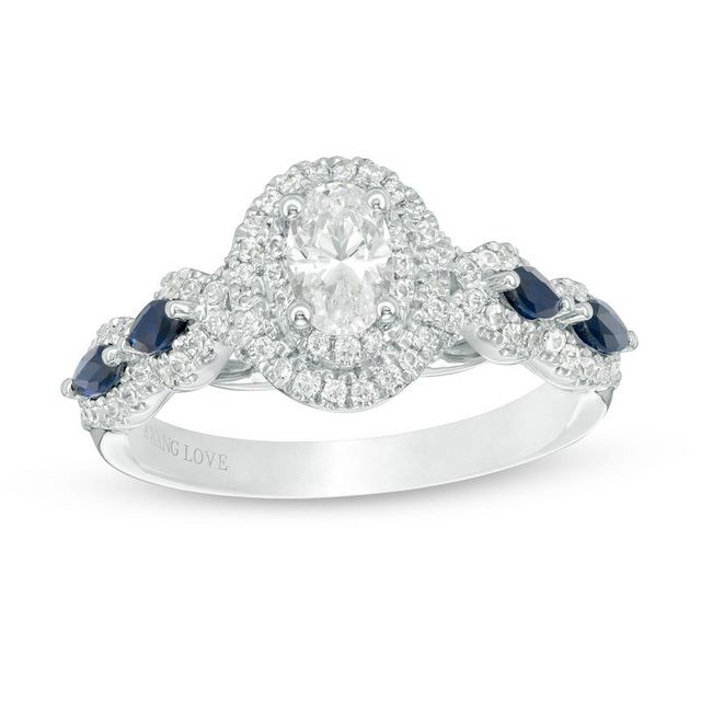 Vera Wang Love Collection 0.95 CT. T.W. Oval Diamond and Blue Sapphire Frame Engagement Ring in 14K White Gold|Peoples Jewellers
