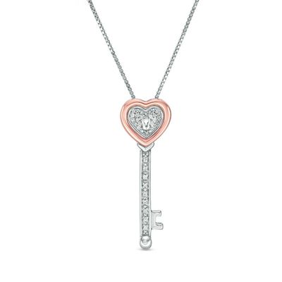 Convertibilities 0.05 CT. T.W. Diamond Heart-Top Key and Lock Three-in-One Pendant in Sterling Silver and 10K Rose Gold|Peoples Jewellers