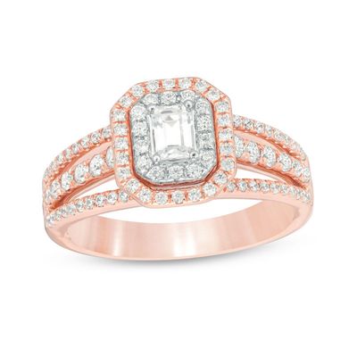 Celebration Canadian Ideal 1.00 CT. T.W. Emerald-Cut Certified Diamond Double Frame Engagement Ring in 14K Two-Tone Gold (I/SI2)|Peoples Jewellers