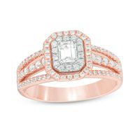 Celebration Canadian Ideal 1.00 CT. T.W. Emerald-Cut Certified Diamond Double Frame Engagement Ring in 14K Two-Tone Gold (I/SI2)|Peoples Jewellers