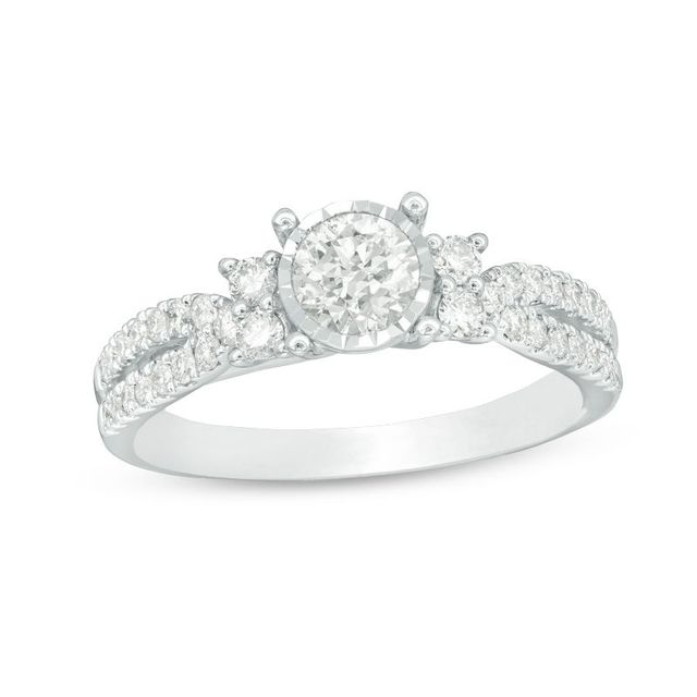 0.95 CT. T.W. Diamond Tri-Sides Double Row Engagement Ring in 14K White Gold