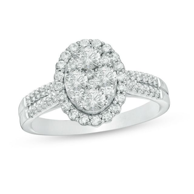 1.00 CT. T.W. Composite Diamond Oval Frame Engagement Ring in 14K White Gold|Peoples Jewellers