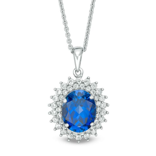 Oval Lab-Created Ceylon and White Sapphire Double Sunburst Frame Pendant in Sterling Silver|Peoples Jewellers