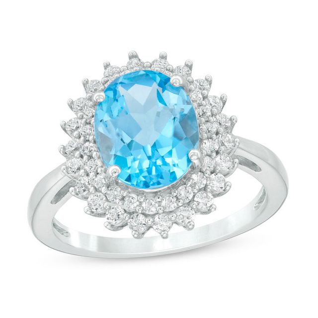 Oval Swiss Blue Topaz and Lab-Created White Sapphire Sunburst Frame Ring in Sterling Silver|Peoples Jewellers