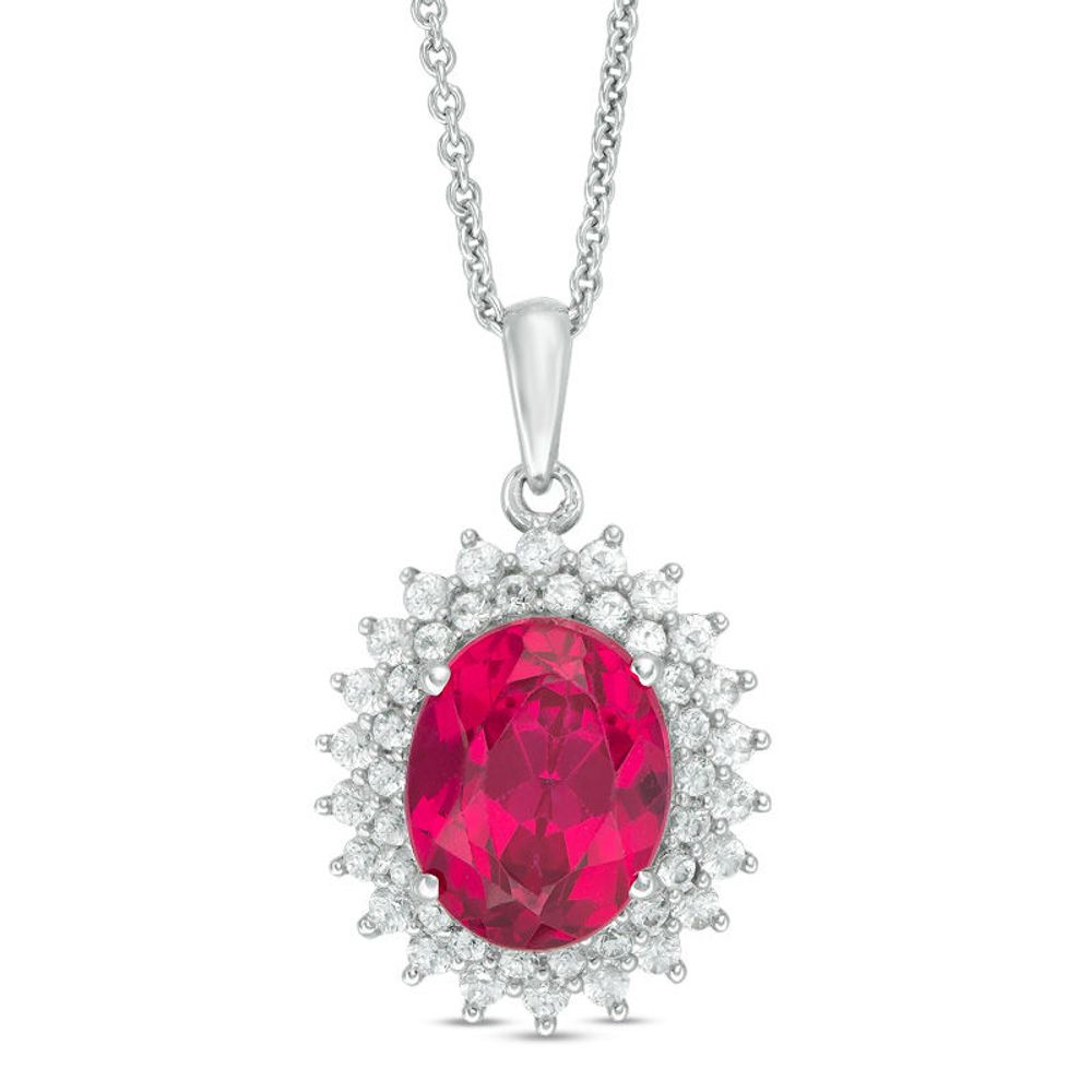 Oval Lab-Created Ruby and White Sapphire Sunburst Frame Pendant in Sterling Silver|Peoples Jewellers
