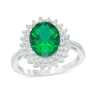 Oval Green Quartz Doublet and Lab-Created White Sapphire Sunburst Frame Ring in Sterling Silver|Peoples Jewellers