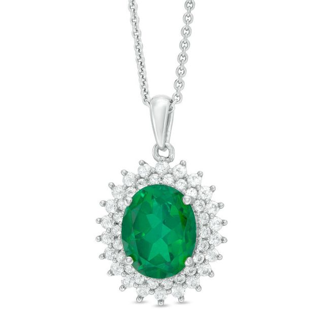 Oval Green Quartz Doublet and Lab-Created White Sapphire Sunburst Frame Pendant in Sterling Silver|Peoples Jewellers