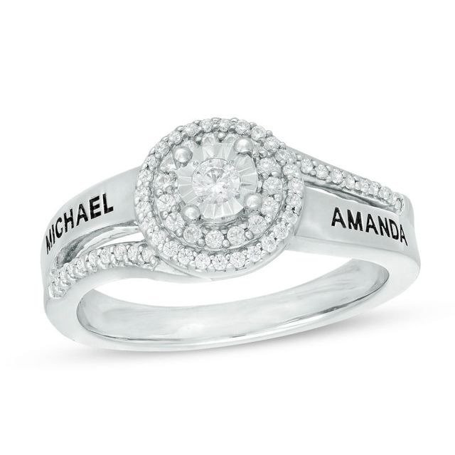 Couple's 1/4 CT. T.W. Diamond Double Swirl Frame Split Shank Promise Ring in Sterling Silver (2 Names)|Peoples Jewellers