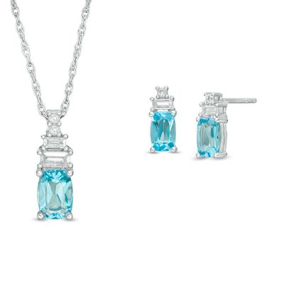 Cushion-Cut Swiss Blue Topaz and Lab-Created White Sapphire Pendant and Drop Earrings Set in Sterling Silver|Peoples Jewellers
