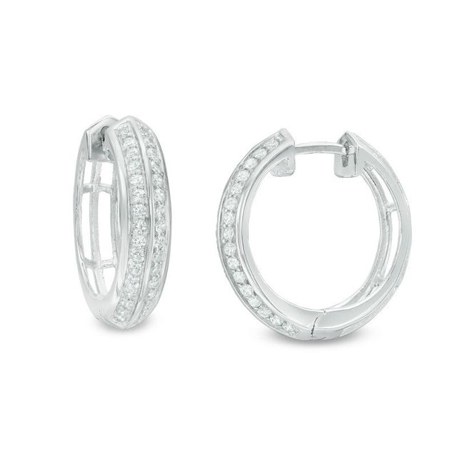 Lab-Created White Sapphire Double Row Huggie Hoop Earrings in Sterling Silver