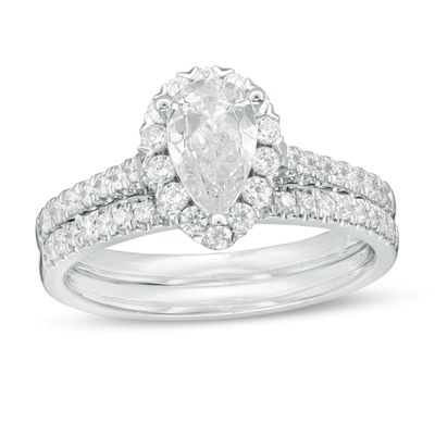 1.20 CT. T.W. Certified Pear-Shaped Diamond Frame Bridal Set in 14K White Gold (I/SI2)|Peoples Jewellers