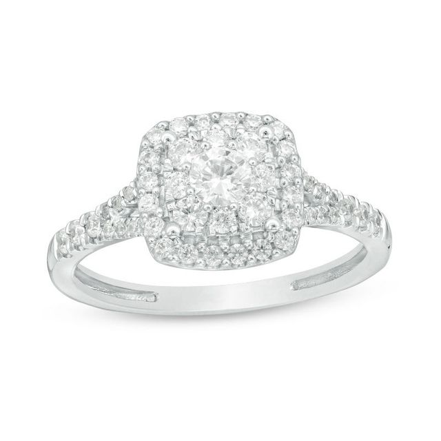 0.60 CT. T.W. Certified Canadian Diamond Double Cushion Frame Engagement Ring in 14K White Gold (I/I2)|Peoples Jewellers