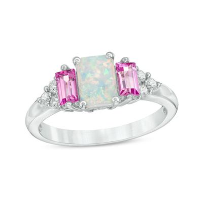 Emerald-Cut Lab-Created Opal, Pink and White Sapphire Tri-Sides Three Stone Ring in Sterling Silver|Peoples Jewellers