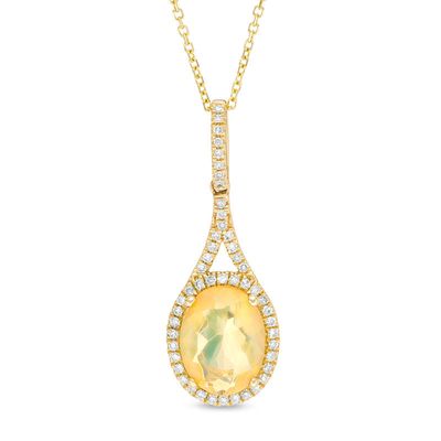 Oval Multi-Colour Opal and 0.14 CT. T.W. Diamond Frame Drop Pendant in 10K Gold|Peoples Jewellers