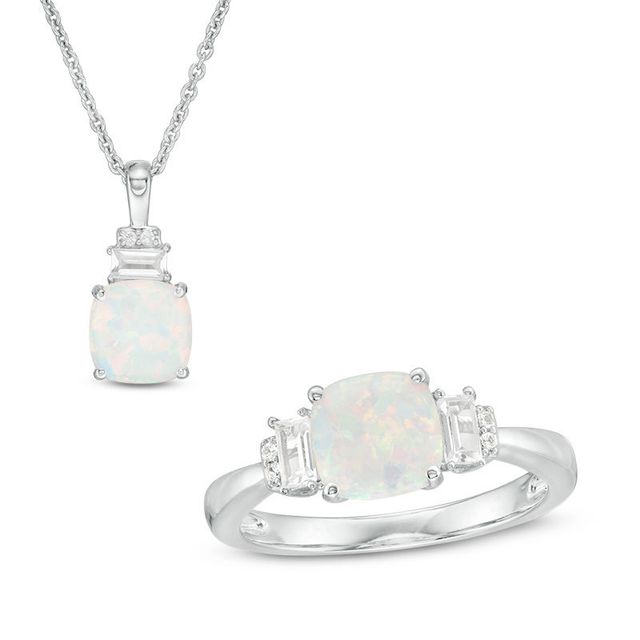 7.0mm Cushion-Cut Lab-Created Opal and White Sapphire Pendant and Ring Set in Sterling Silver - Size 7|Peoples Jewellers