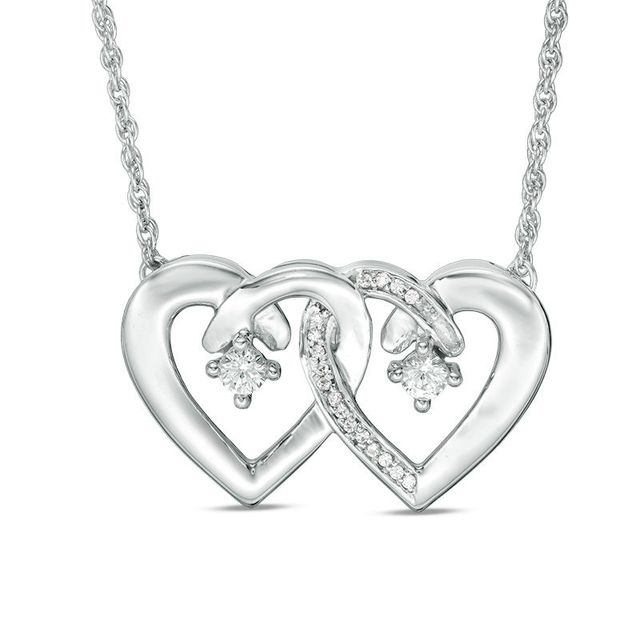 Couple's Simulated Birthstone and 1/20 CT. T.W. Diamond Double Heart Necklace in Sterling Silver (2 Stones)