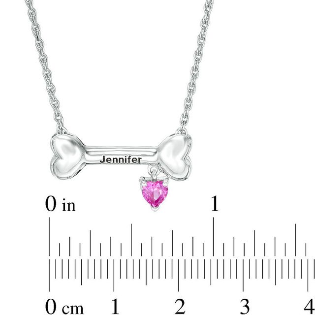 4.0mm Heart-Shaped Simulated Birthstone Charm Dog Bone Necklace in Sterling Silver (1 Stone and Name)|Peoples Jewellers