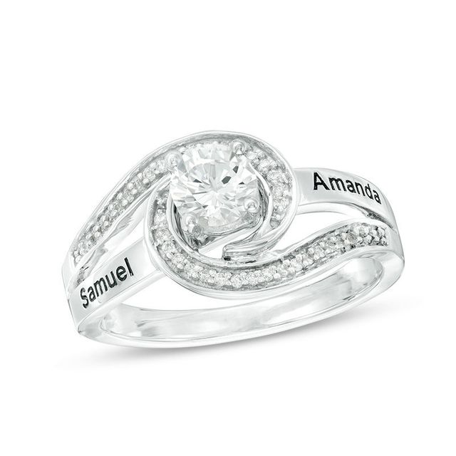 Couple's Simulated Birthstone and Diamond Accent Split Shank Swirl Frame Ring in Sterling Silver (1 Stone and 2 Names)