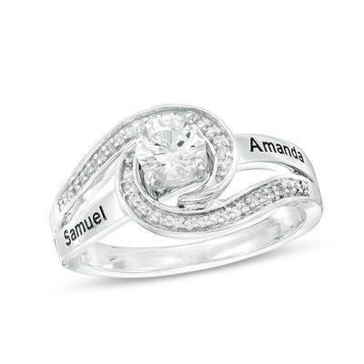 Couple's Simulated Birthstone and Diamond Accent Split Shank Swirl Frame Ring in Sterling Silver (1 Stone and 2 Names)|Peoples Jewellers